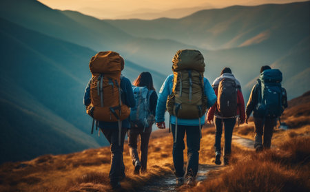 travel man walking lifestyle tourist nature group trekking hiking hiker mountain. Generative AI.の素材