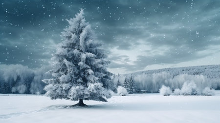 christmas new holiday tree white snow background fir blue sky winter year. Generative AI.の素材