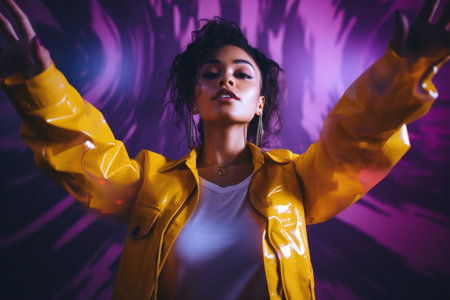 Curly woman hair african afro beauty fashionable attractive portrait person violet yellow backgroundの素材