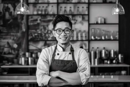 occupation business barista person waiter portrait apron bar service owner. Generative AI.の素材