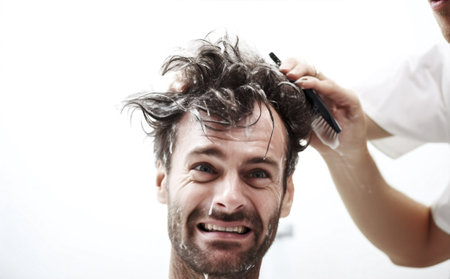 man studio hair hairdresser barber caucasian surprised white face background comb hairstyle. Generative AI.の素材