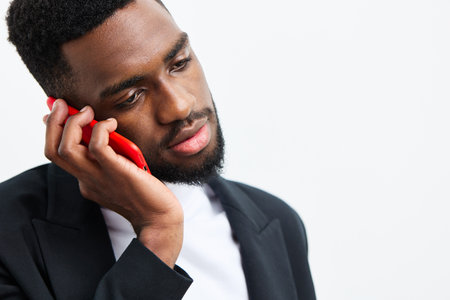 man young mobile businessman african smile red happy black phone technologyの写真素材