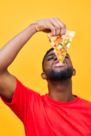 food man delivery food fast dieting unhealthy happy smile pizza black guy background