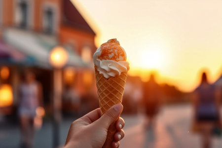 hand dessert hold street cream ice cone sweet food cold summer. Generative AI.の素材
