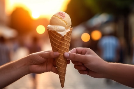 sweet food cold summer cone dessert street cream ice hold hand. Generative AI.の素材