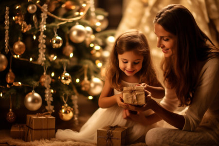 holiday present gift new kid family year lights christmas caucasian. Generative AI.の素材