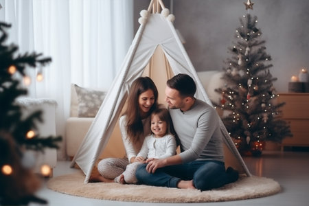 Santa father home smile holiday tent year dad new cheerful winter happy mother family christmas kidの素材