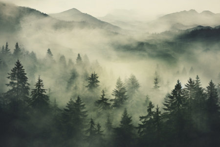 Mist landscape trees hill forest fog dawn light scene travel season nature morning spruce mountainの素材