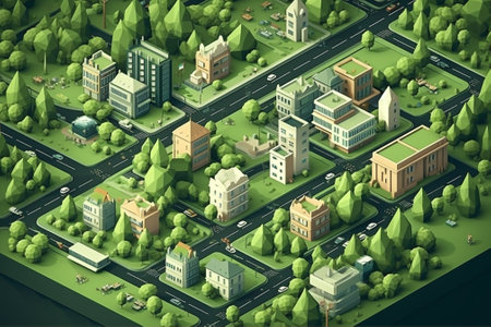 Tree architecture traffic skyscraper illustration modern park shop building city cartography street town isometricの素材