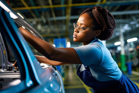 woman employee american garage automobile motor auto job mechanic technician african vehicle. Generative AI.の素材