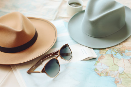 Vacation trip vintage hat concept view traveler journey map holiday watch summerの素材