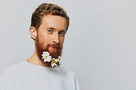 Portrait of a funny man in a white T-shirt with flowers daisies in his beard on a white isolated background, copy place. Holiday concept and congratulations.の写真素材