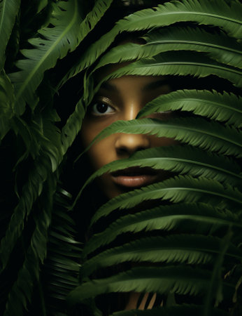 Woman fashion forest portrait nature tropical exotic palm green face beautyの素材