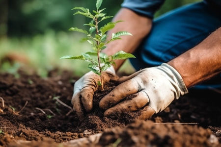 tree green gardening nature planting hand agriculture growth spring leaf. Generative AI.の素材