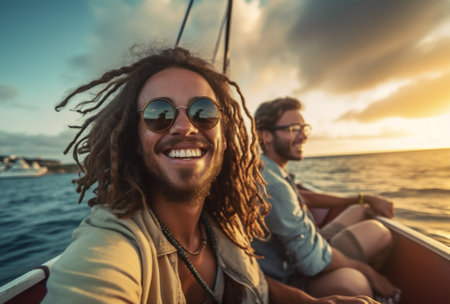 trip happy women boat cheerful yacht friends beauty summer young lifestyle. Generative AI.の素材