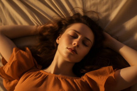 woman relaxation pillow morning bed young beauty female attractive sleep happy. Generative AI.の素材