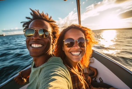 summer cheerful young boat friends trip lifestyle person happy yacht women. Generative AI.の素材