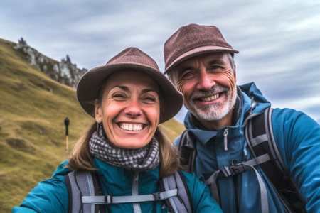 woman outdoors man beautiful backpack healthy lifestyle tourist leisure nature old couple. Generative AI.の素材