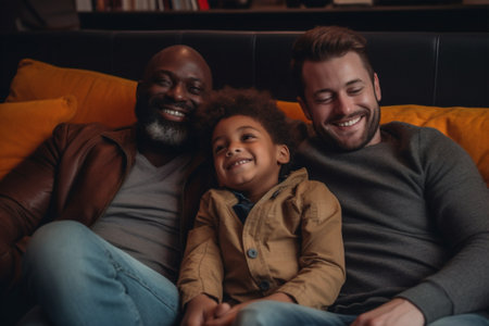 adult generation son grandson father boy grandfather family smiling happy. Generative AI.の素材