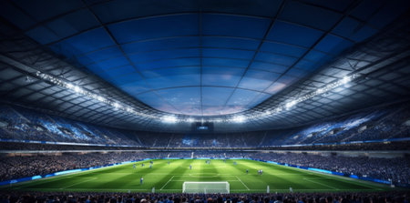 soccer arena football sport light game stadium world goal green. Generative AI.の素材