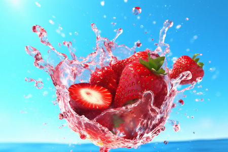 background healthy freshness fresh red splash food strawberry blue fruit water. Generative AI.の素材