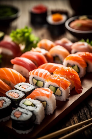 fish rice food seafood sushi japanese roll japan set meal. Generative AI.の素材