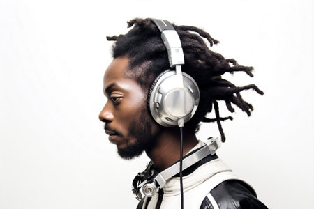 headphones music adult young guy african black men lifestyle portrait dj. Generative AI.の素材