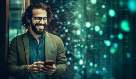smiling men happy phone outside mobile smartphone businessman street lifestyle city. Generative AI.の素材