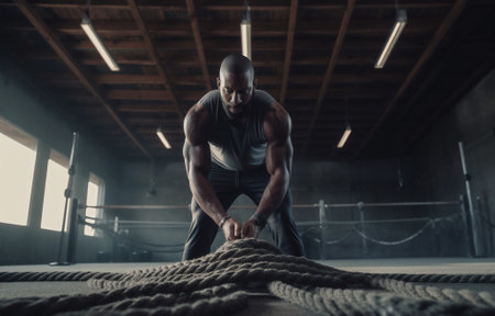 sport muscular rope male gym exercising athletic endurance men strength fitness. Generative AI.の素材