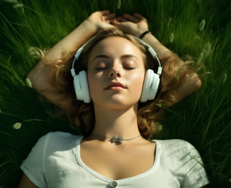 Woman music green copy relaxation portrait student meditation summer lifestyle leisure earphones listen sound grassの素材