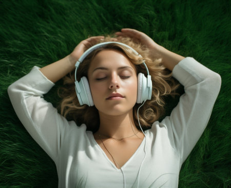 Green woman youth outdoors natural meditation song earphones relaxation lifestyle listen portrait attractive grass music summerの素材