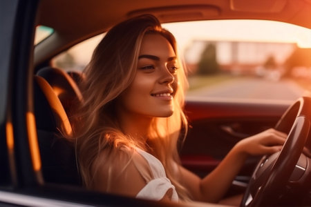 woman summer car auto travel caucasian young freedom beauty sunglasses cabriolet. Generative AI.の素材