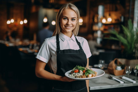 woman waiter job smile portrait standing looking indoors restaurant food holding. Generative AI.の素材