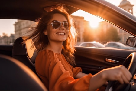 freedom woman beauty young cabriolet travel sunglasses car summer caucasian auto. Generative AI.の素材