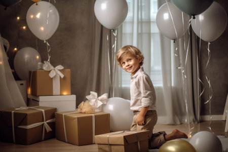 party blue kid children cute balloon boy birthday childhood little. Generative AI.の素材