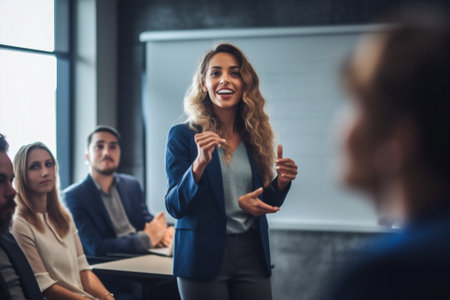 modern woman indoors horizontal business meeting businesswoman group speaker office males. Generative AI.の素材