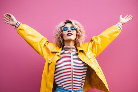 woman attractive lifestyle sunglasses beauty pink fashion portrait yellow caucasian young. Generative AI.の素材