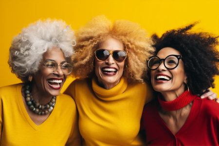 fun young yellow american laugh african happy friends lifestyle group females. Generative AI.の素材