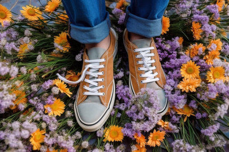 woman lifestyle yellow flowers green spring white grass female fashion sneakers. Generative AI.の素材