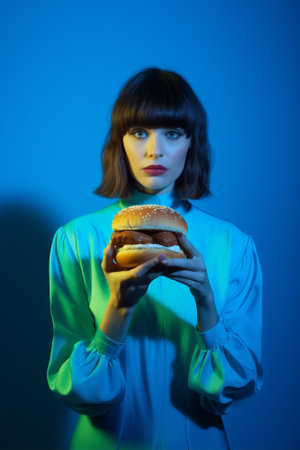 Woman hamburger meal fast blue yellow concept hand art fastfood burgerの素材