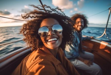 happy cheerful lifestyle young women friends yacht trip boat looking summer. Generative AI.の素材