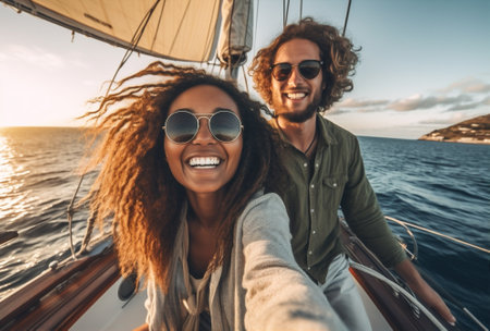 young boat lifestyle friends cheerful trip women transportation summer happy yacht. Generative AI.の素材