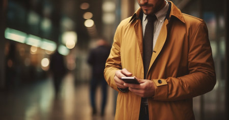 walking suit phone businessman young men adult handsome coach lifestyle modern. Generative AI.の素材