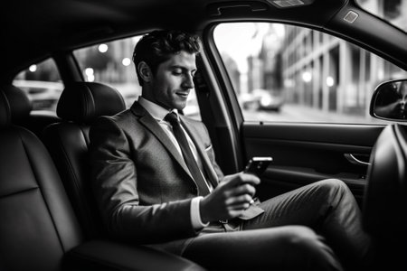 inside young dealer business car men phone driving adult transportation businessman. Generative AI.の素材