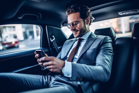 inside business car driving young men phone transportation happy adult businessman. Generative AI.の素材