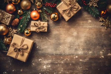 gold tree year decoration christmas holiday new christmas background silver snowflakes card. Generative AI.の素材