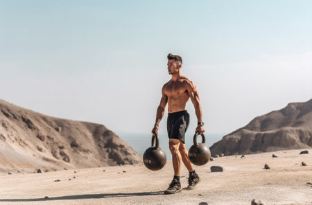 sports men kettlebell exercise lifestyle fit athletic fitness workout muscular training. Generative AI.の素材