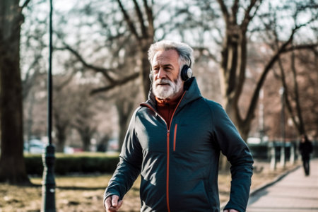 old earphones run outdoors fitness caucasian sport lifestyle men exercising sportswear. Generative AI.の素材
