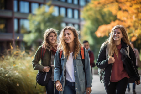 Outdoors talking holding young happy group cheerful college education smiling friendship student schoolの素材