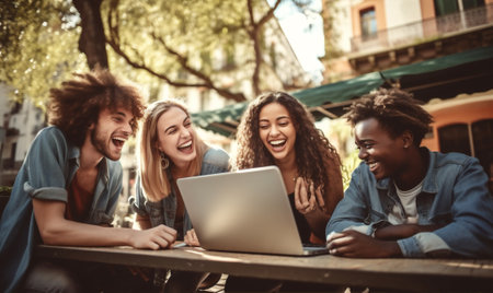 Computer horizontal sitting positive technology talking friendship lifestyle group people laptop outdoors onlineの素材
